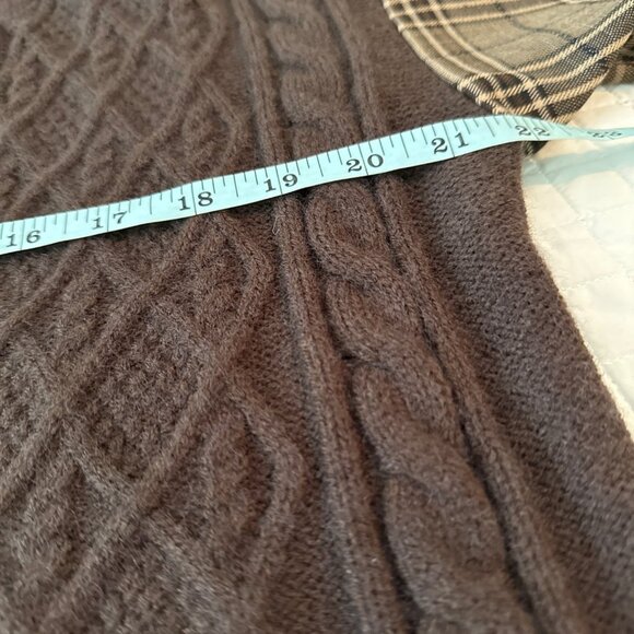 Gabby Isabella Brown Cable Knit Plaid Sleeve Button Front Cropped Cardigan Sweat - Picture 8 of 12
